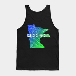 Colorful mandala art map of Minnesota with text in blue and green Tank Top